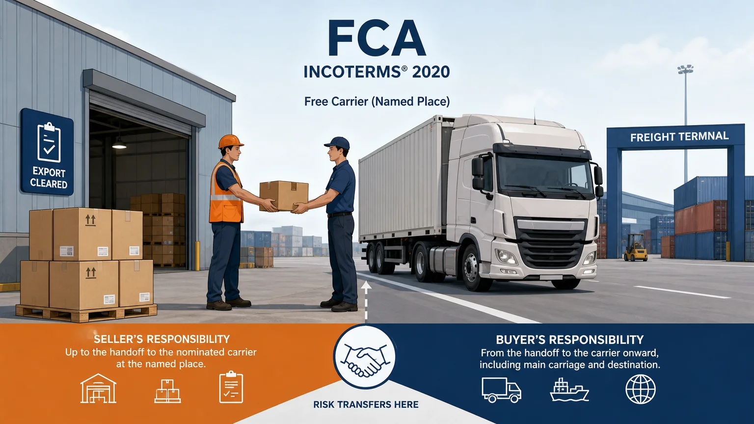 Editorial illustration explaining the FCA Free Carrier shipping term