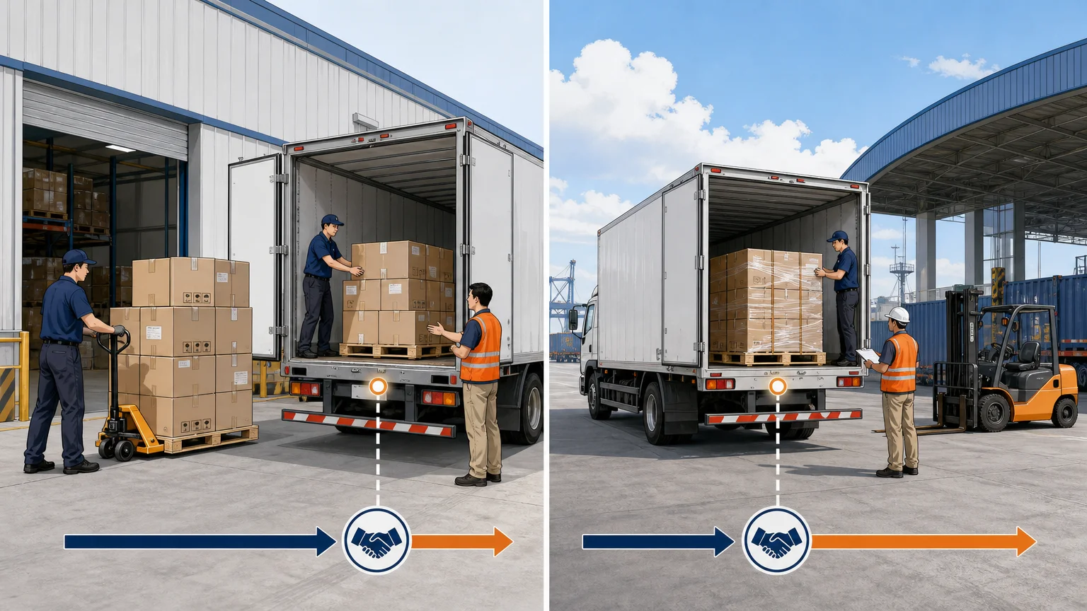 Illustration of FCA delivery and risk transfer at 2 named handoff points