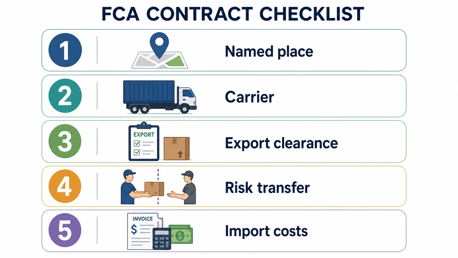 FCA contract checklist covering the named place, carrier, clearance, risk, and import costs