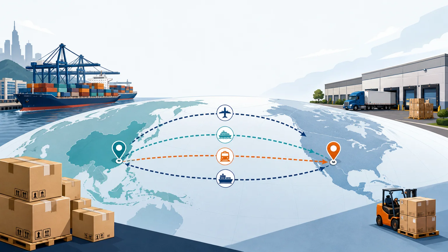 Editorial illustration of alternatives for moving Amazon FBA inventory from China to US fulfillment warehouses