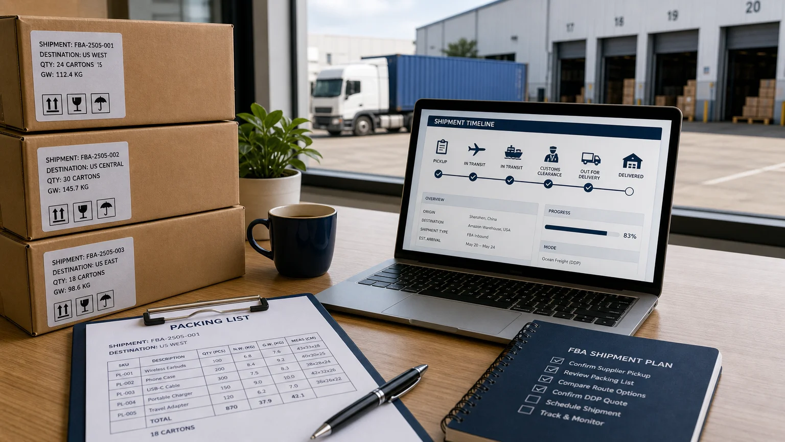 FBA seller reviewing cartons, shipment documents, and delivery milestones
