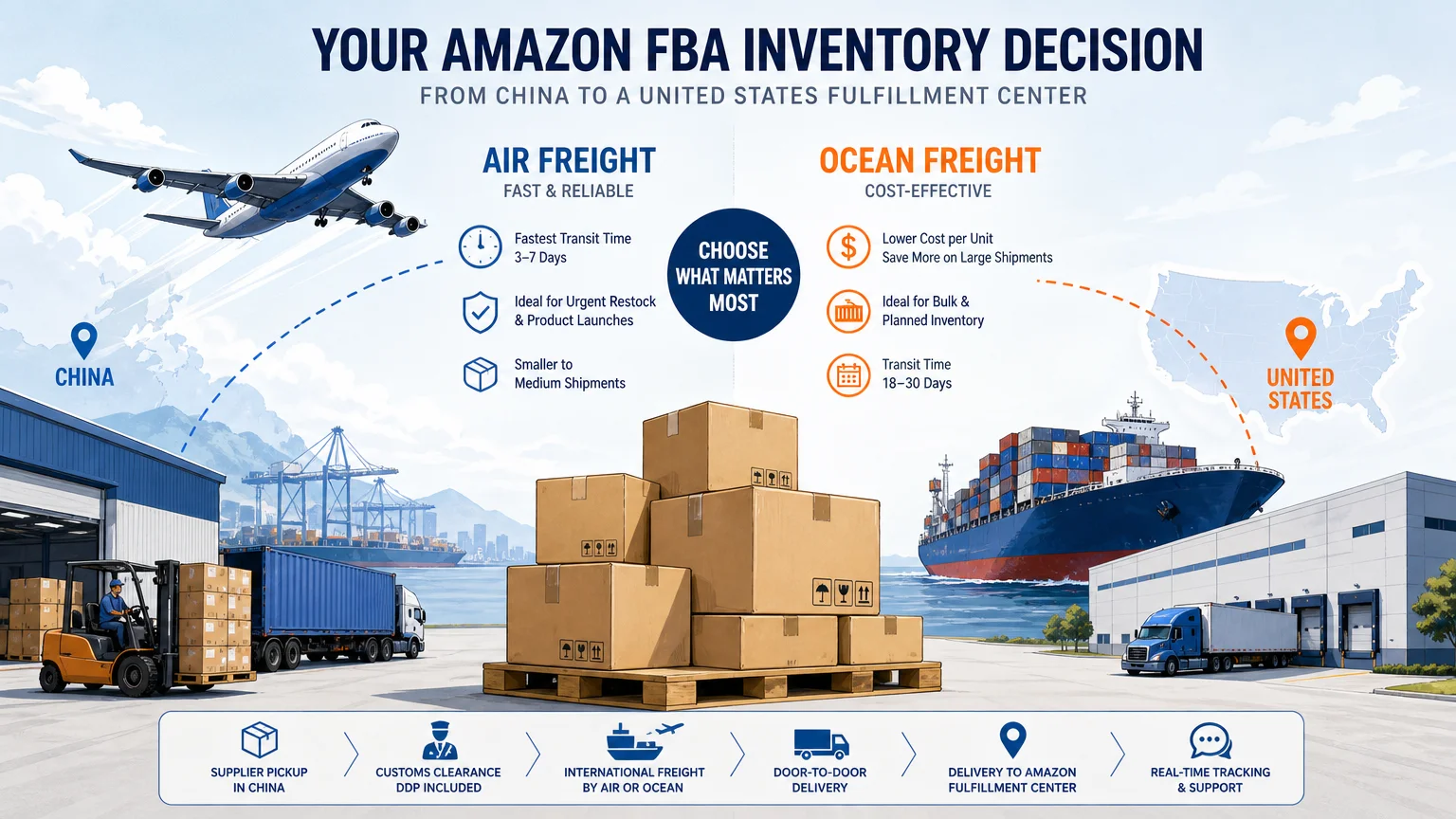 Editorial illustration comparing air and sea freight routes for Amazon FBA