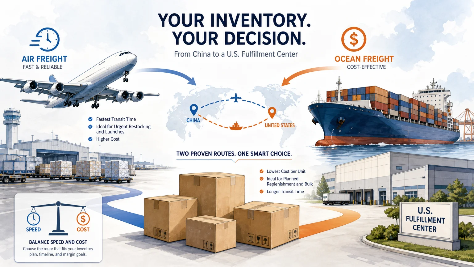 Editorial illustration comparing air and sea freight routes for Amazon FBA