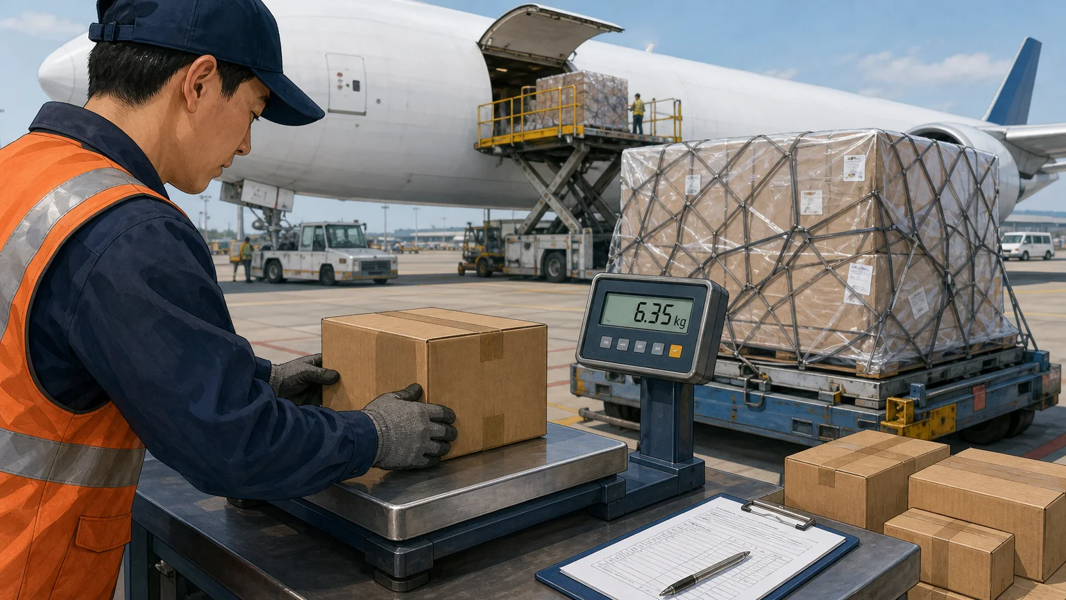 Cartons being weighed beside an air cargo pallet for FBA shipping