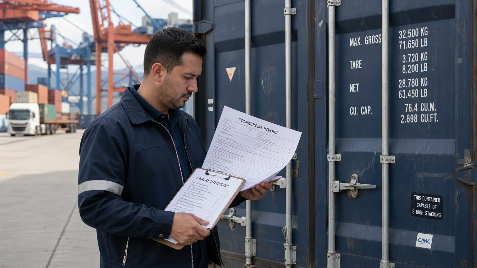 Logistics professional reviewing freight documents beside a shipping container