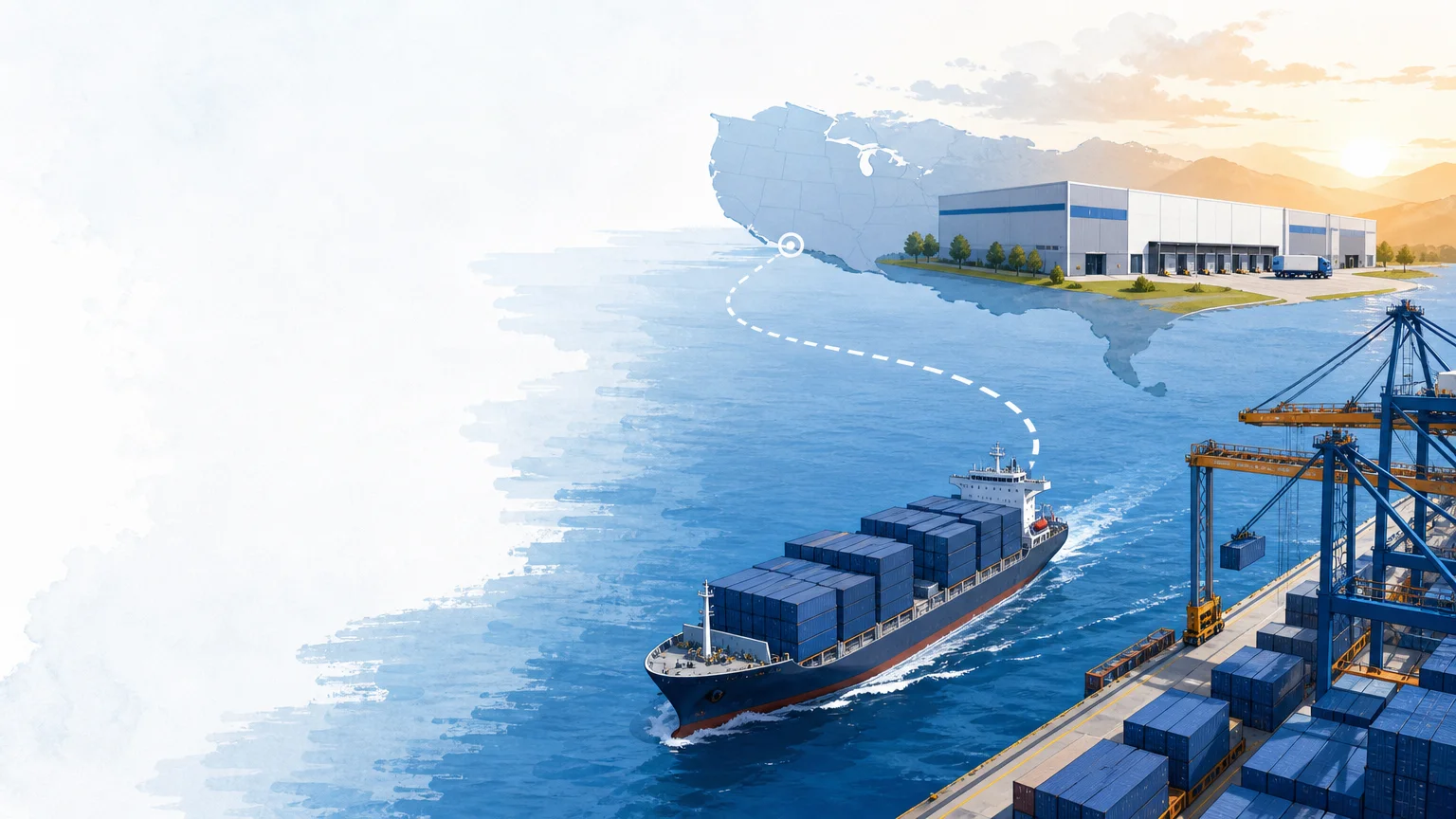Editorial illustration of freight moving from a Chinese port to a US e-commerce fulfillment center