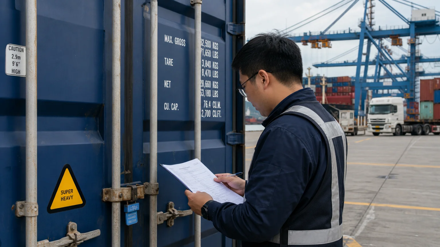 Logistics coordinator reviewing a container shipment at a commercial port