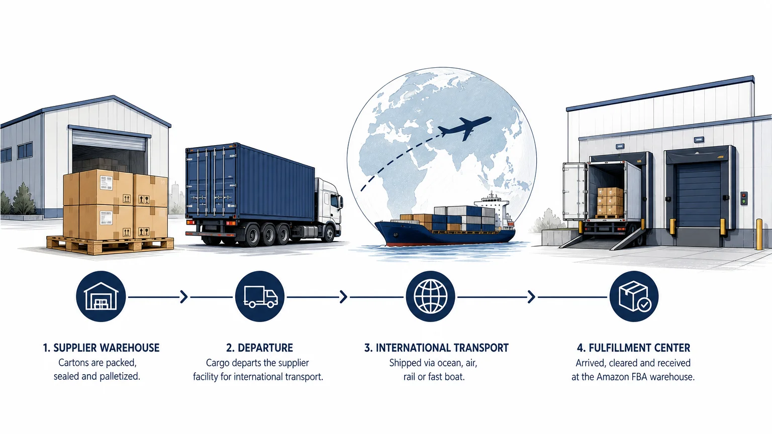 Inbound inventory shipment journey from supplier pickup to fulfillment center receiving