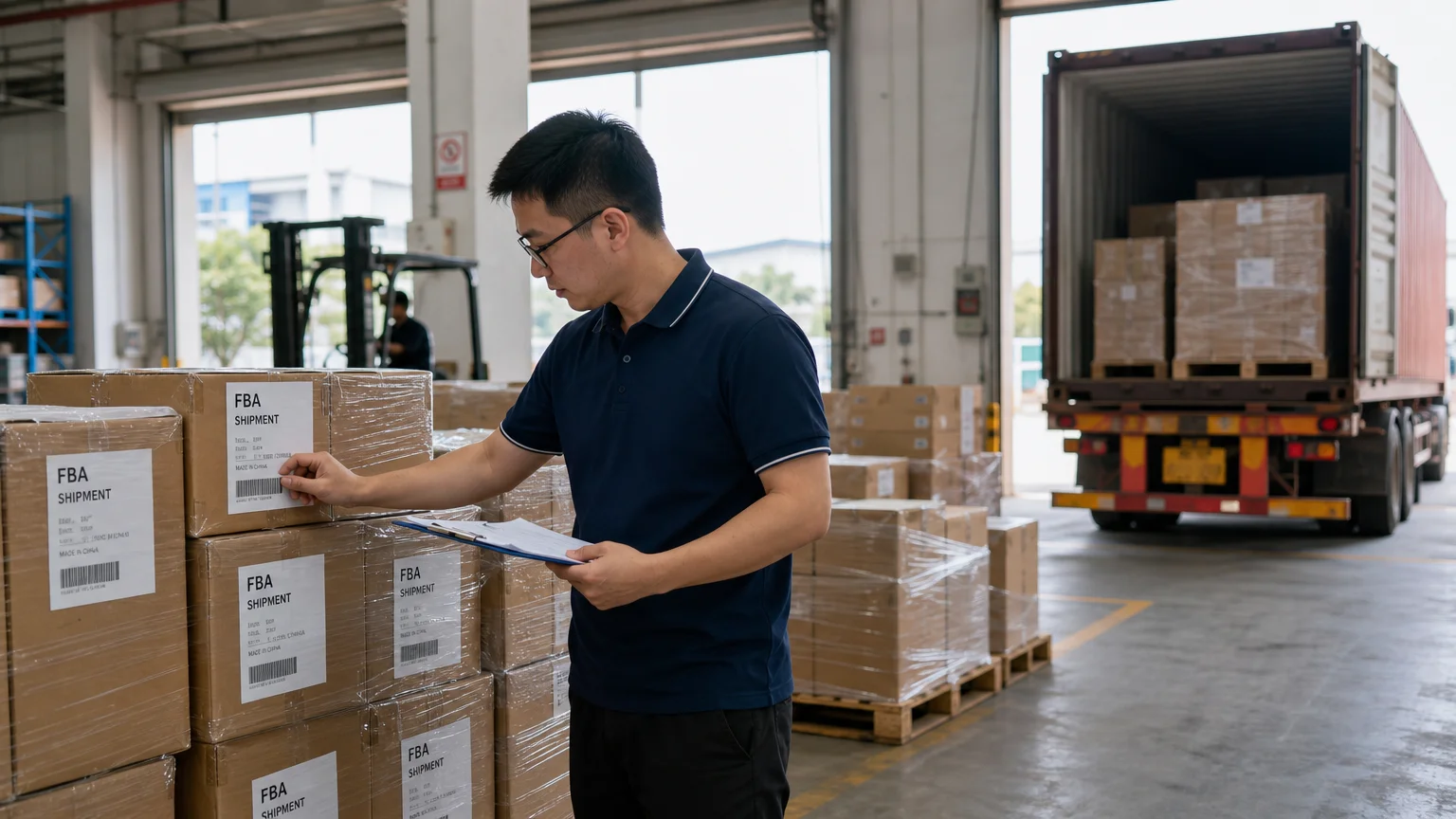 Logistics worker checking cartons before shipment from China to Amazon FBA