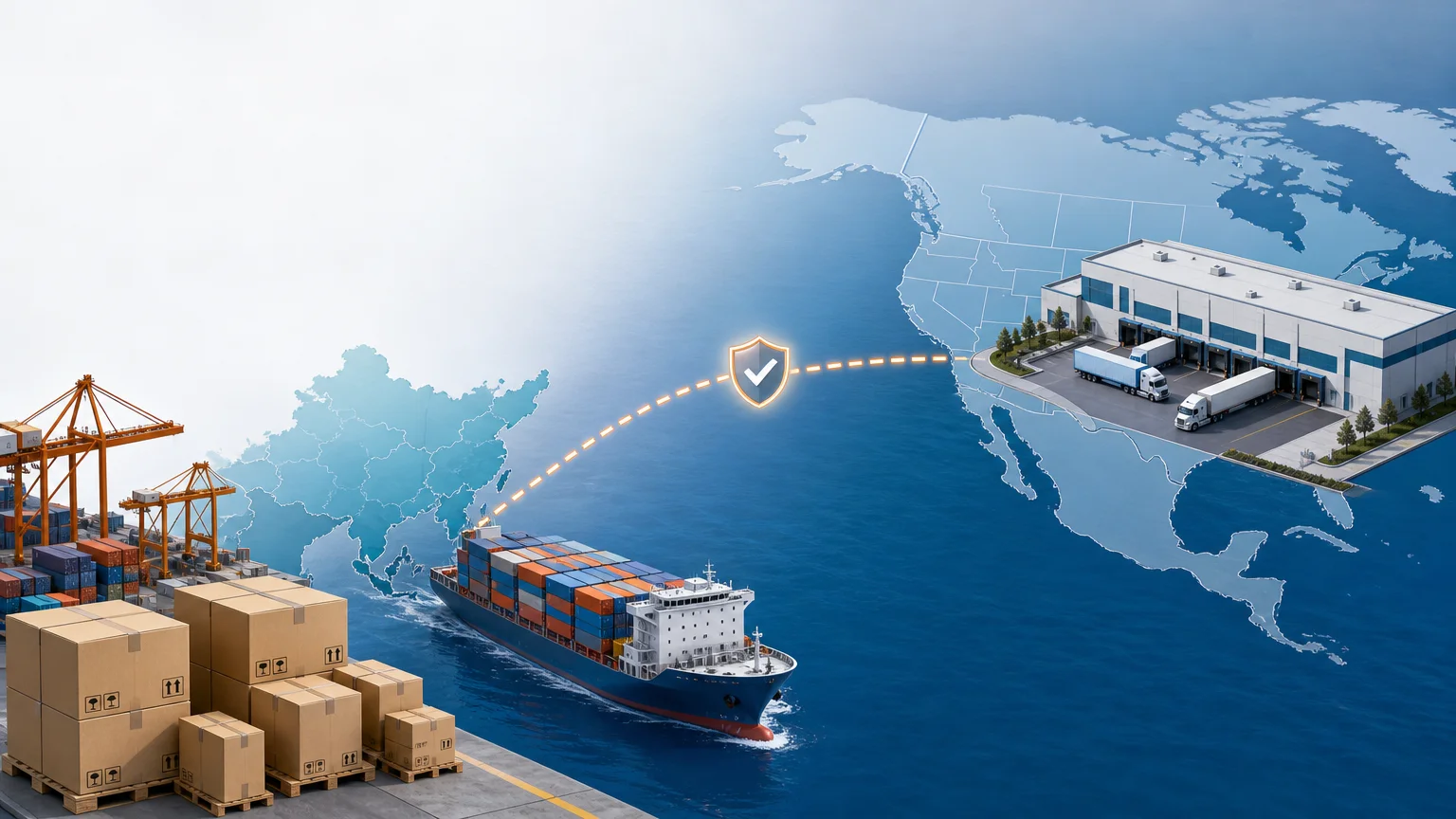 Editorial illustration of China to U.S. Amazon FBA freight forwarding