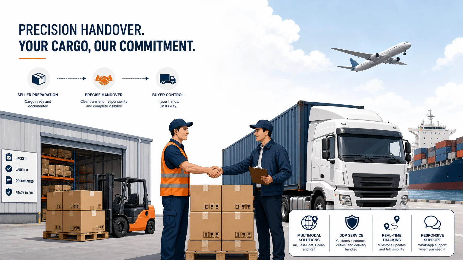 Professional editorial illustration of a multimodal FCA freight handover