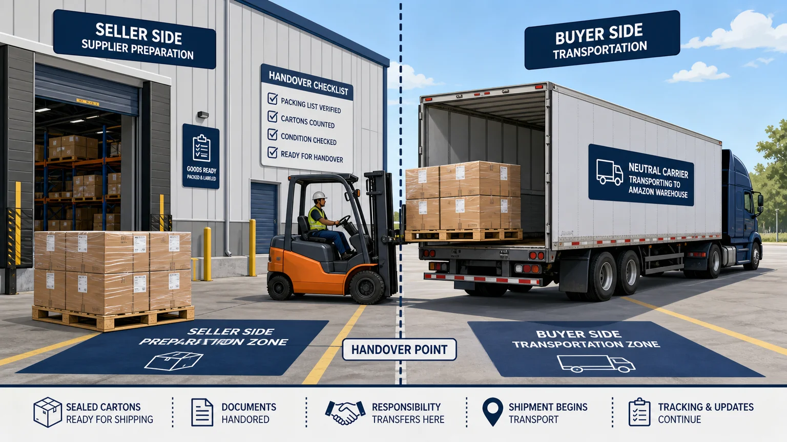Editorial illustration of an FCA freight handover at a warehouse