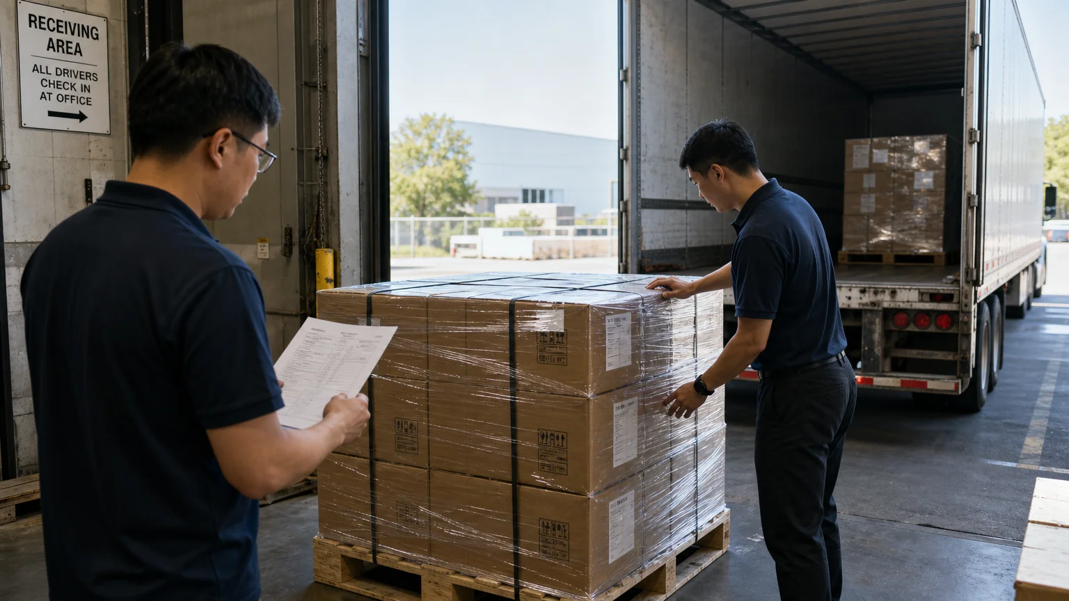 Warehouse staff checking a DAP shipment before unloading