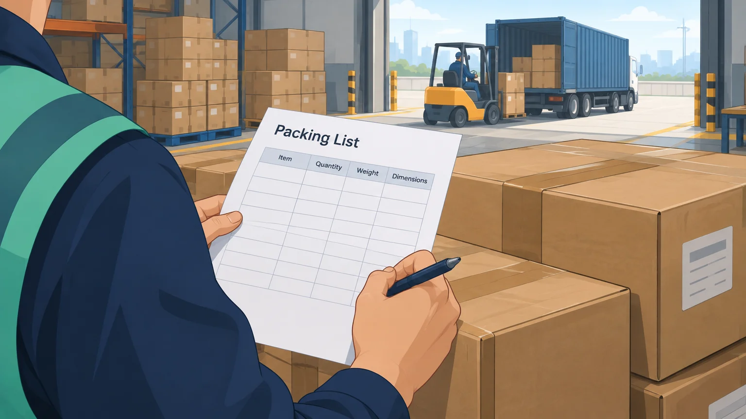 Logistics coordinator checking cartons and shipment paperwork