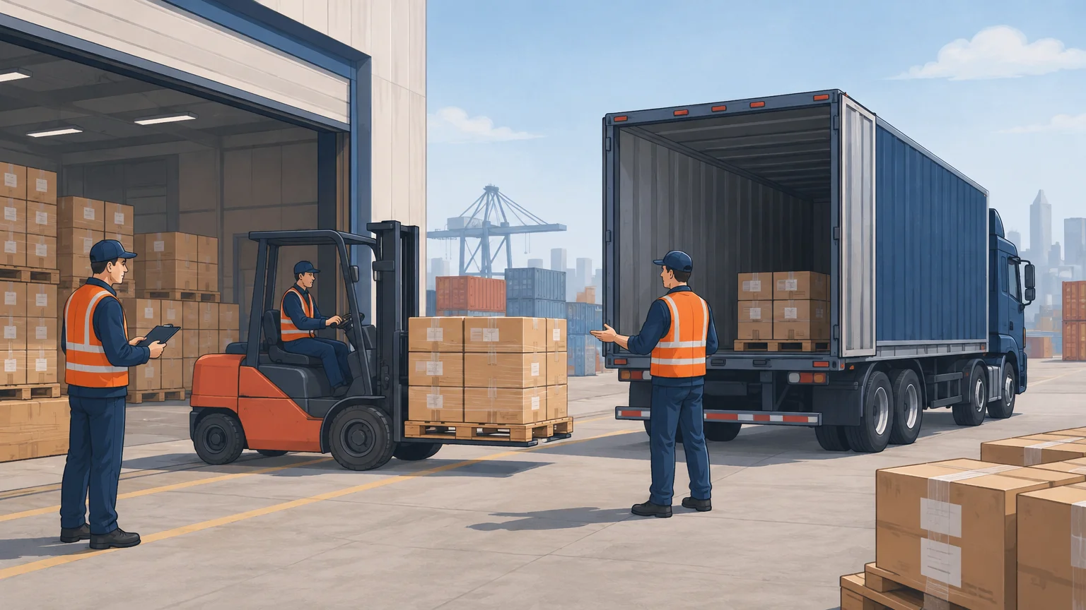 Illustration of export cartons being handed over to a nominated carrier at origin