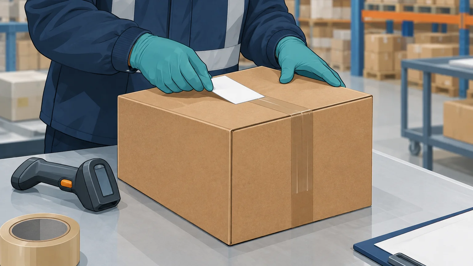 Warehouse worker checking and labeling a plain carton before shipment