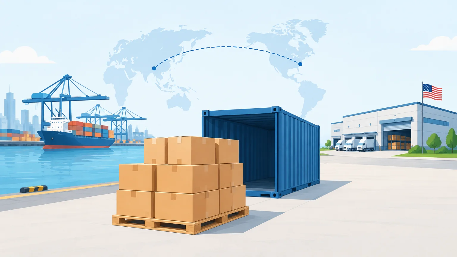 Editorial illustration of freight moving from Shenzhen toward a US fulfillment warehouse