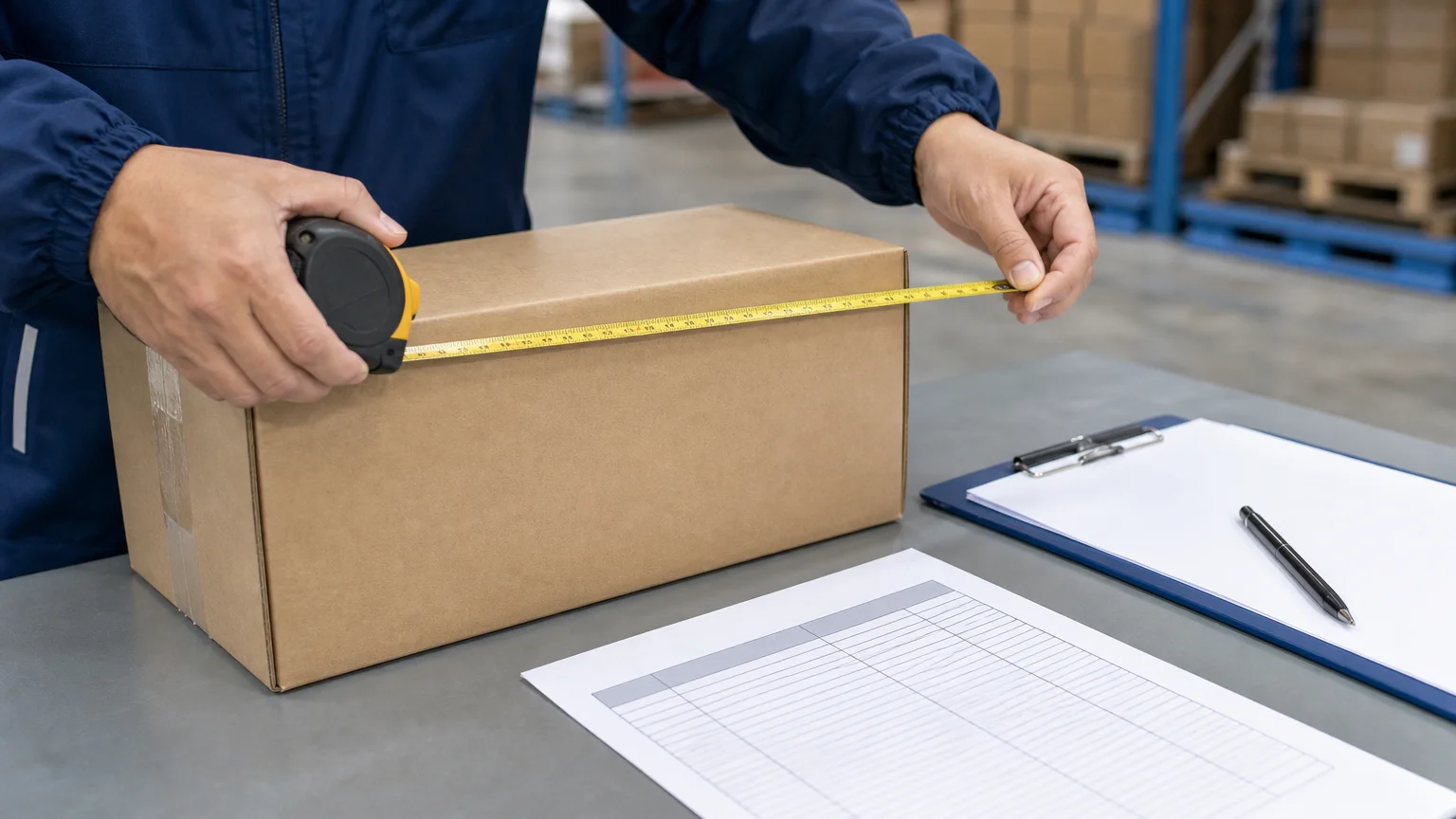 Warehouse worker measuring an unmarked carton before international shipping