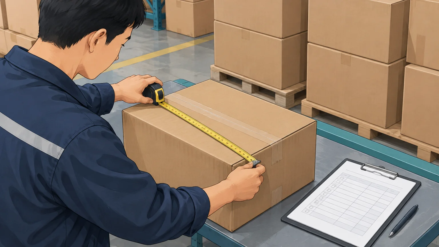Warehouse worker checking carton dimensions before an Amazon FBA shipment