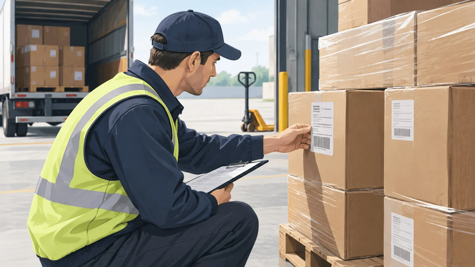 Warehouse worker checking generic cartons during an FBA freight handoff