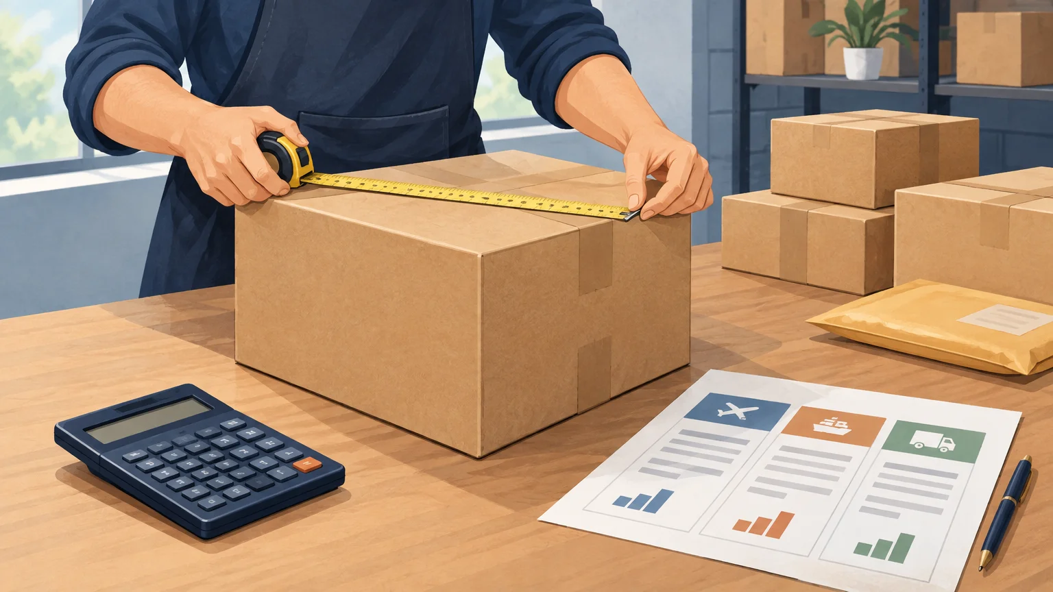 A seller measures a shipping carton while reviewing freight costs