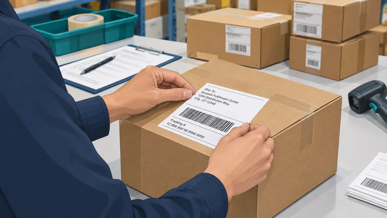 Warehouse worker checking a shipping label on an FBA carton