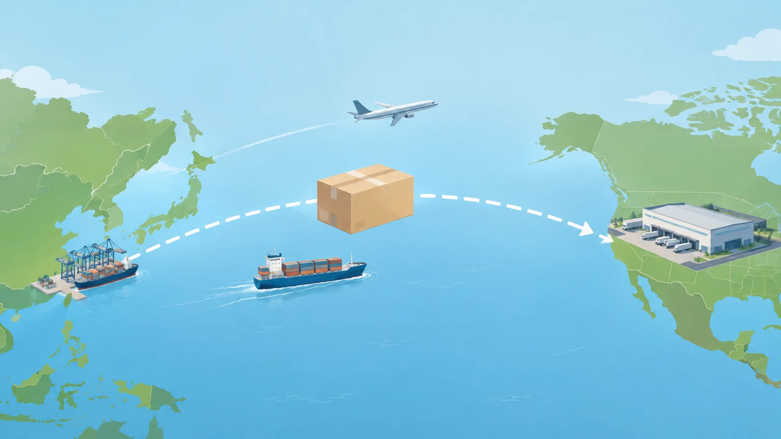 Illustration of freight moving from China toward a U.S. fulfillment warehouse