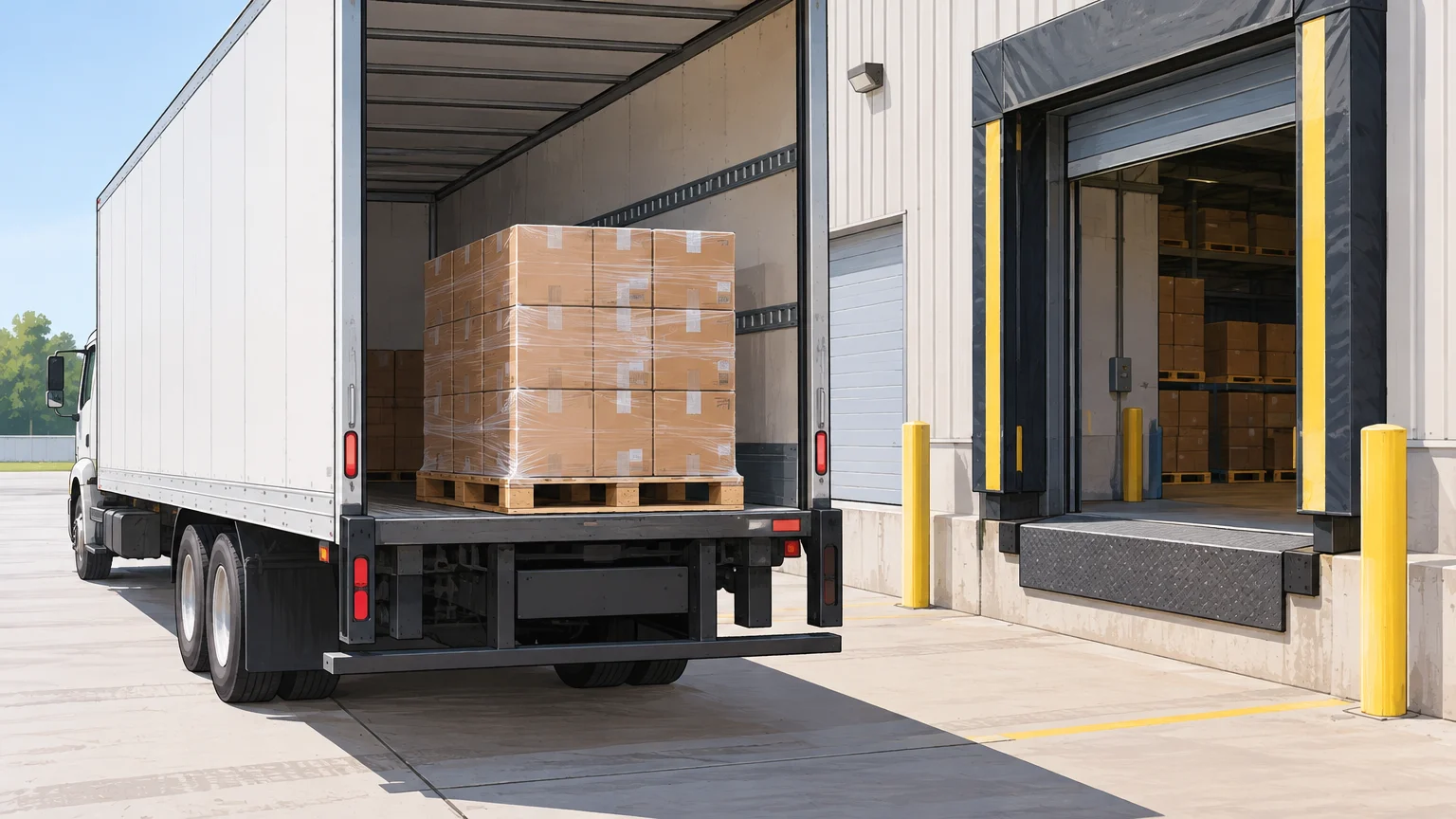 Freight cartons on an arriving truck, ready for unloading at a warehouse