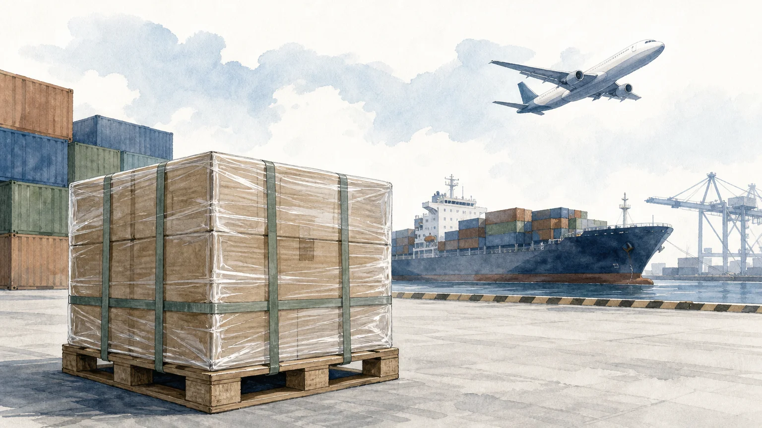 A pallet at a cargo terminal with sea and air freight routes in the distance