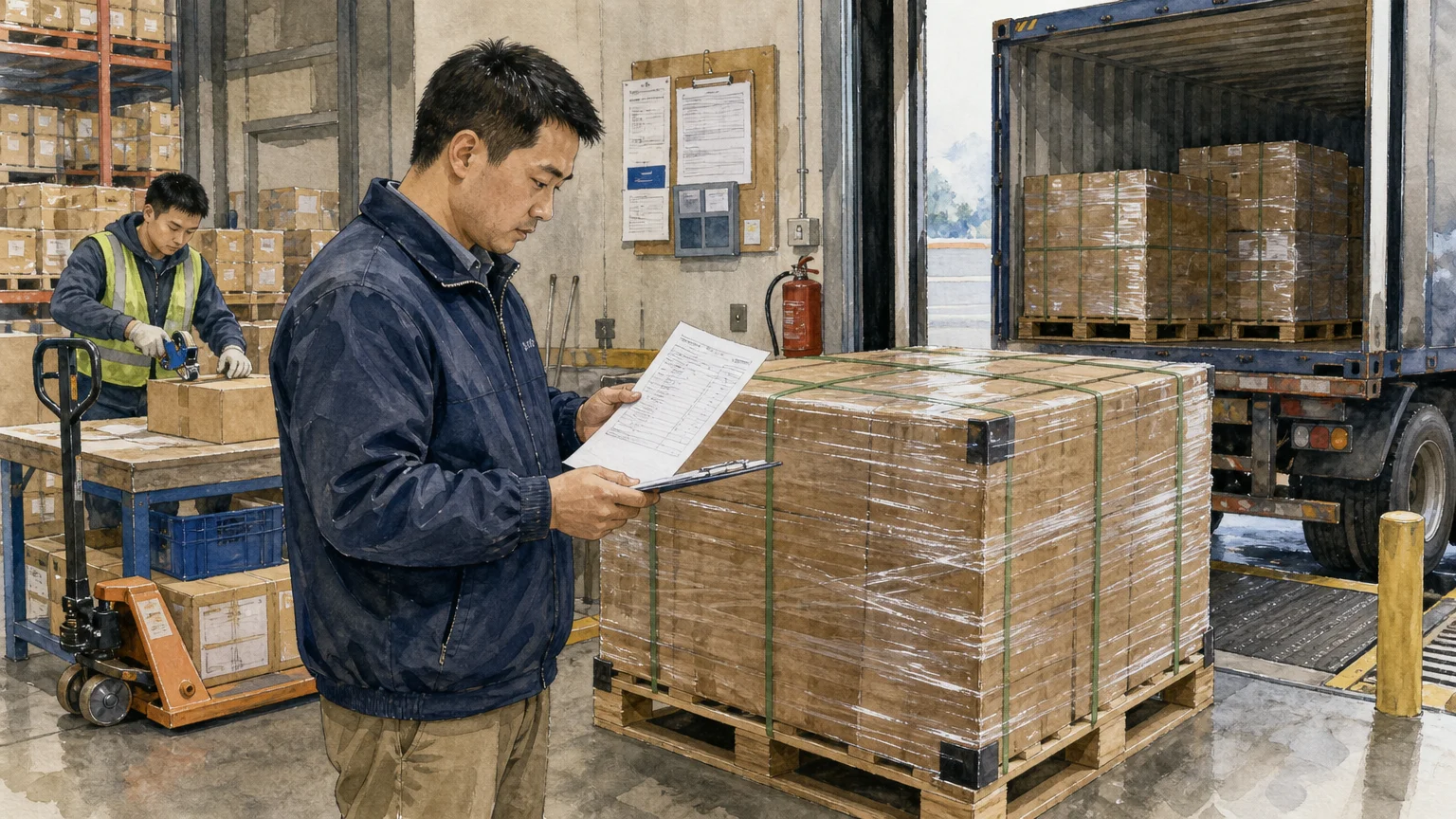 Freight planner checks shipment documents beside a prepared pallet